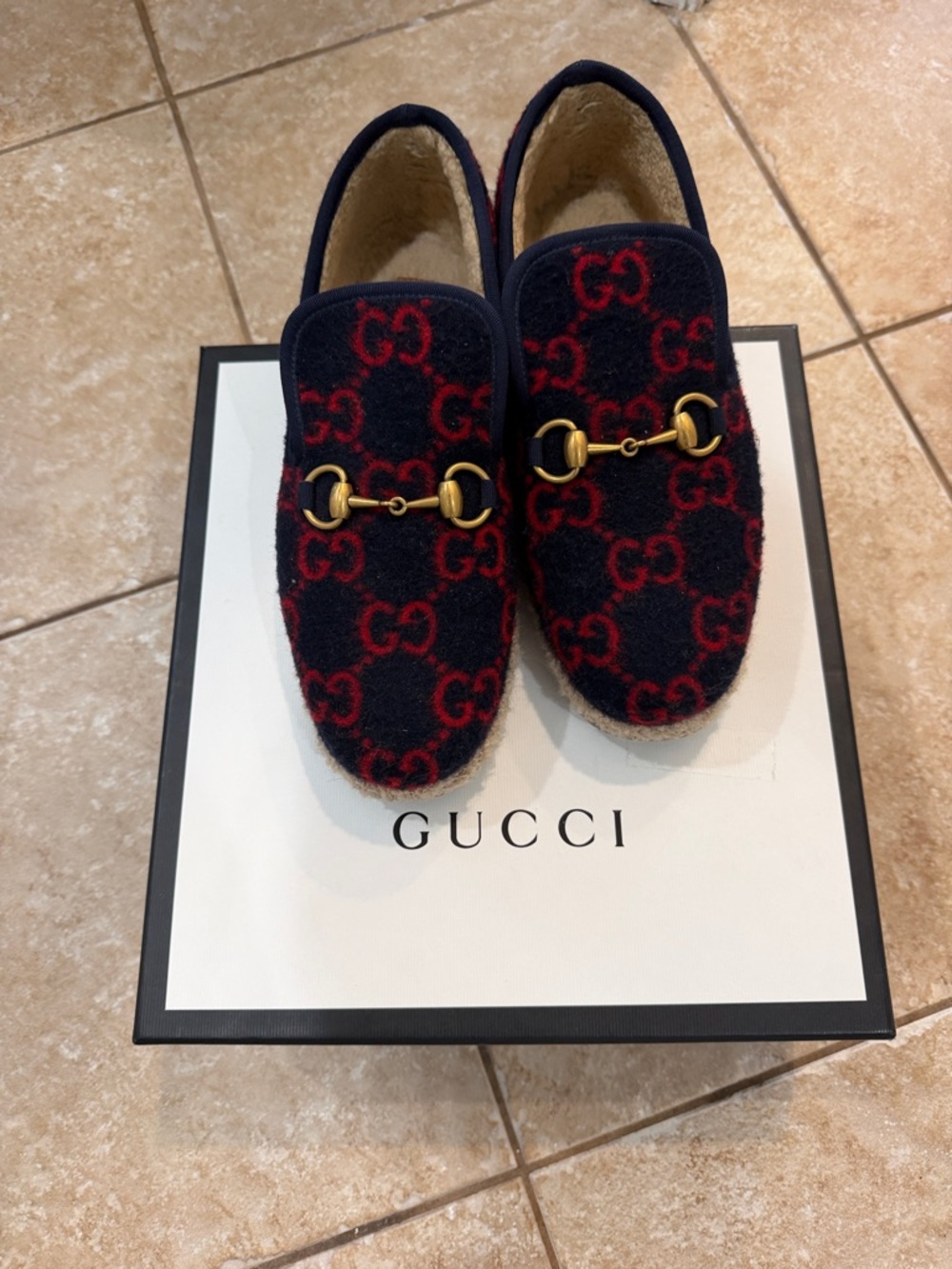 Authentic Gucci Navy & Red GG Wool Horsebit Espadrille Loafers